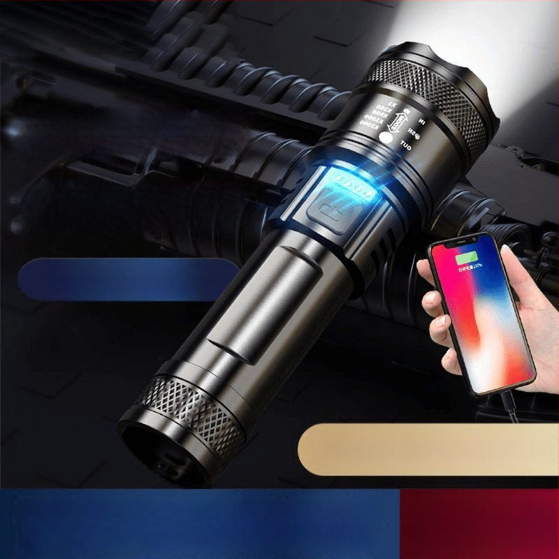 Rankinis žibintas: 20W šviesos galia, 180° spindulio kampas, 200 m nuotolis, 18650 akumuliatorius, įkrovimo laikas 5 valandos