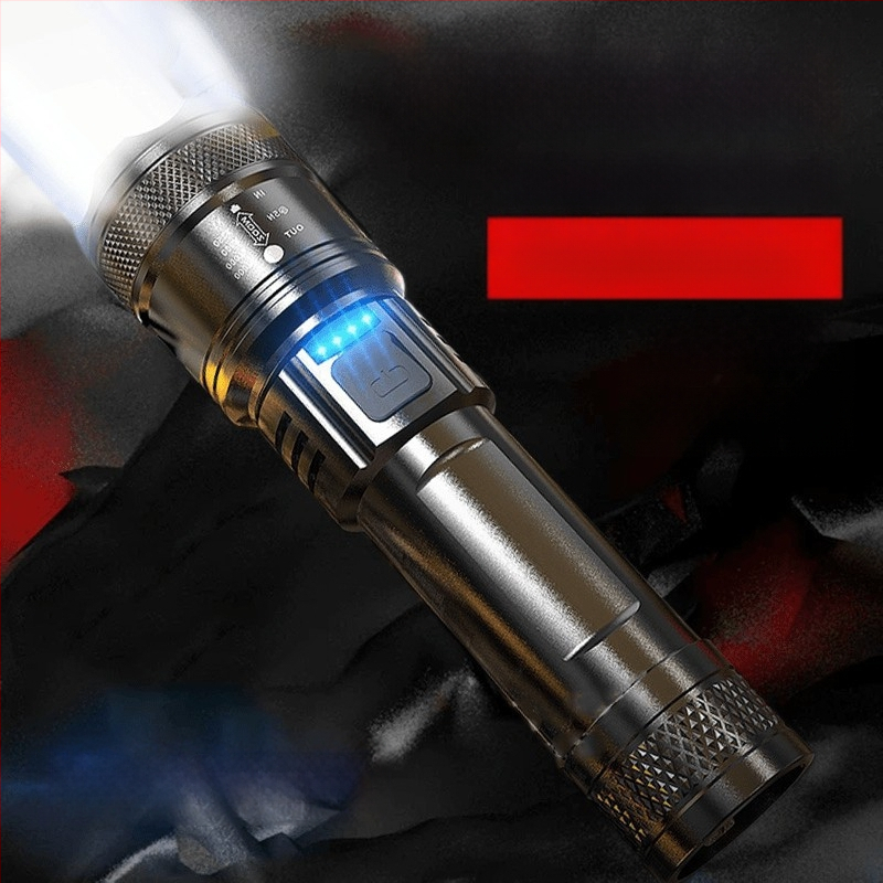 Rankinis žibintas: 20W šviesos galia, 180° spindulio kampas, 200 m nuotolis, 18650 akumuliatorius, įkrovimo laikas 5 valandos