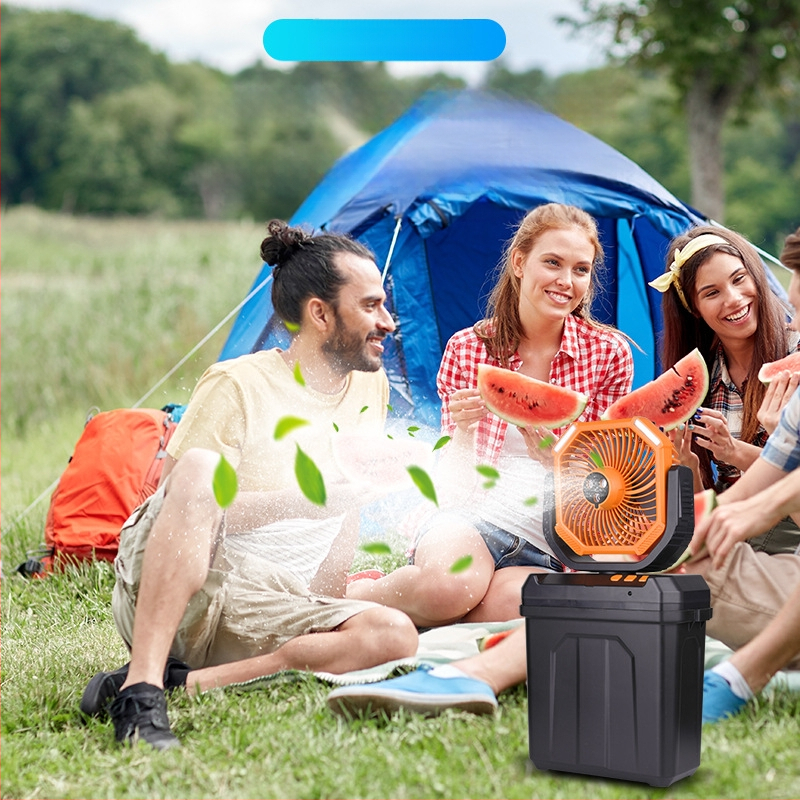 Purškimo ventiliatorius kempingui su USB maitinimu, palapinės apšvietimas, 3 ašmenys, įmontuota 6000mAh baterija, 4 greičiai, nuotolinio valdymo