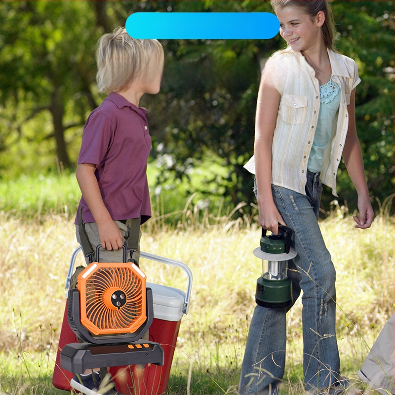 Purškimo ventiliatorius kempingui su USB maitinimu, palapinės apšvietimas, 3 ašmenys, įmontuota 6000mAh baterija, 4 greičiai, nuotolinio valdymo