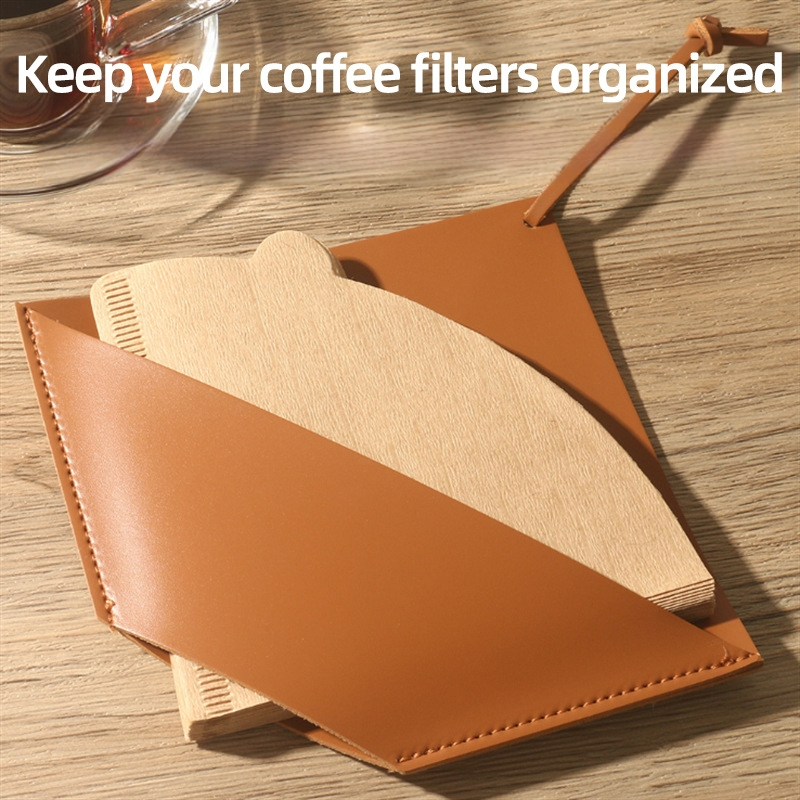 PU oda – nešiojamas kavos filtro popieriaus laikiklis ventiliatoriaus forma su saugojimo krepšeliu, lengvas prabangos stilius, pritaikomas logotipas