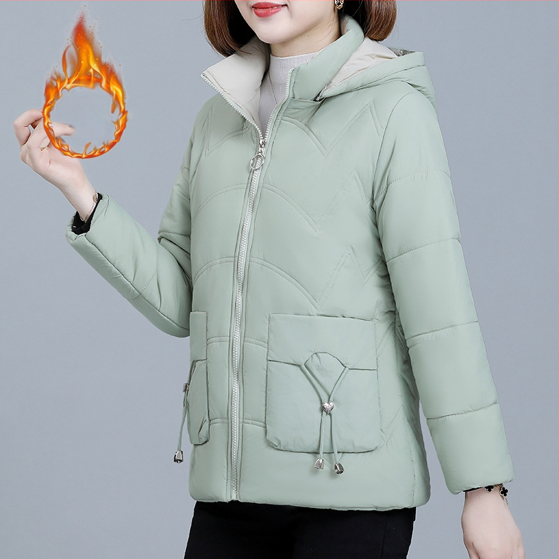 Moteriška trumpa medvilninė striukė su fleece įdėklu, žiemai 2024, laisva kirpimo, gobtuvas, užtrauktukas