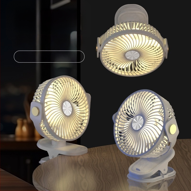 Įkraunamas klipsinis ventiliatorius su įmontuota šviesa, 5 sparneliai, 3 greičiai, 5V/5W