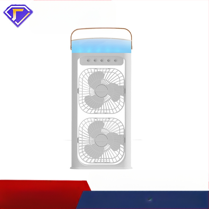 Namų naudojimui skirtas dvigubo galvos purškimo ventiliatorius su įmontuotu drėkintuvu, įkraunamas, 5V/12W, 2000–4000 mAh, 3 greičiai, triukšmas iki 36 dB