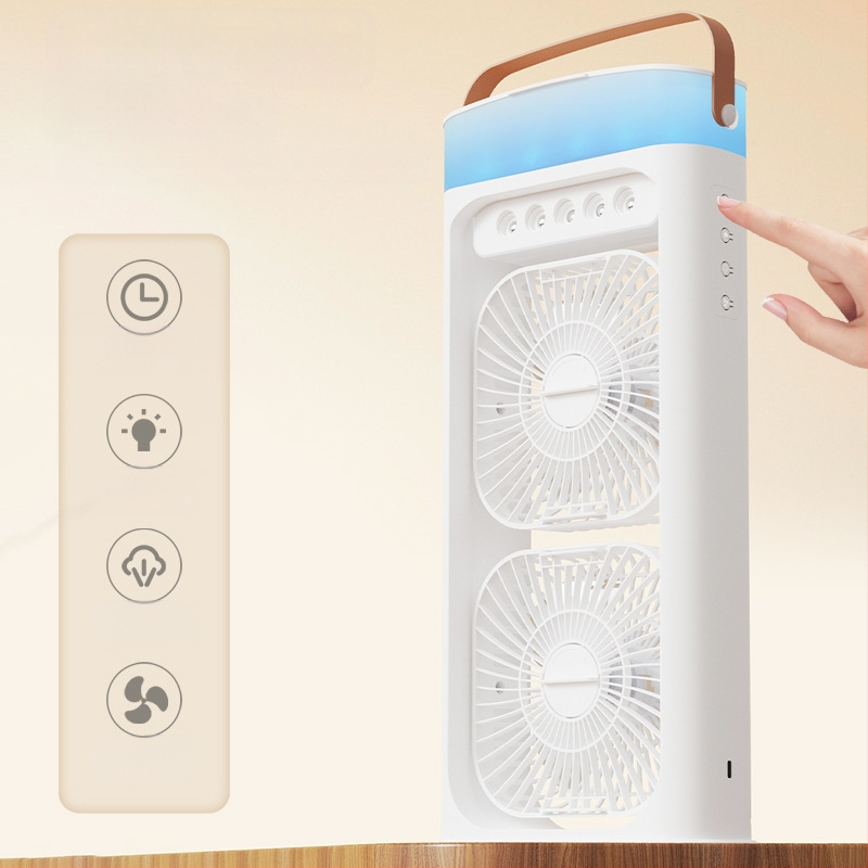 Namų naudojimui skirtas dvigubo galvos purškimo ventiliatorius su įmontuotu drėkintuvu, įkraunamas, 5V/12W, 2000–4000 mAh, 3 greičiai, triukšmas iki 36 dB