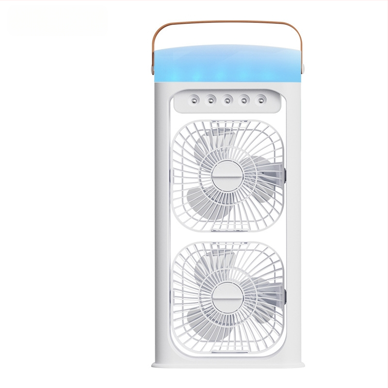 Namų naudojimui skirtas dvigubo galvos purškimo ventiliatorius su įmontuotu drėkintuvu, įkraunamas, 5V/12W, 2000–4000 mAh, 3 greičiai, triukšmas iki 36 dB