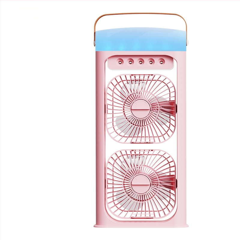 Namų naudojimui skirtas dvigubo galvos purškimo ventiliatorius su įmontuotu drėkintuvu, įkraunamas, 5V/12W, 2000–4000 mAh, 3 greičiai, triukšmas iki 36 dB