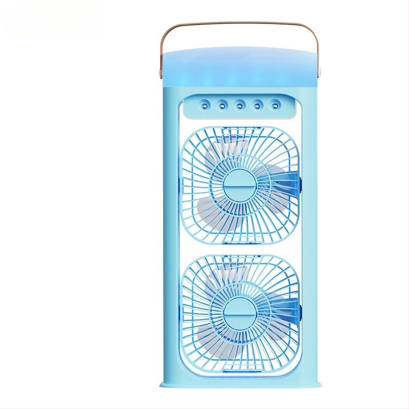 Namų naudojimui skirtas dvigubo galvos purškimo ventiliatorius su įmontuotu drėkintuvu, įkraunamas, 5V/12W, 2000–4000 mAh, 3 greičiai, triukšmas iki 36 dB