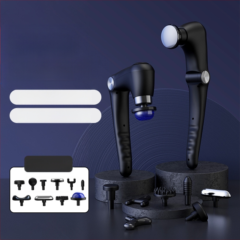 Fasijų masažo pistoletas su šepetėlių varikliu; sulankstomas dizainas; karštas/šaltas atpalaidavimas; 6+ galvutės; įmontuota 1200–2000 mAh baterija, veikimo laikas 1–3 val.