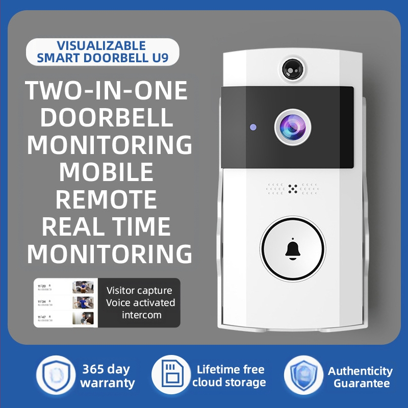 Belaidis vaizdo durų skambutis su saulės skydeliu nuo lietaus, ilgas budėjimas, balso keitimo interkomas ir stebėjimo kamera (maitinimas 5V/1A, 3.7V baterija, 38 skambučiai, 0.5W suvartojimas)