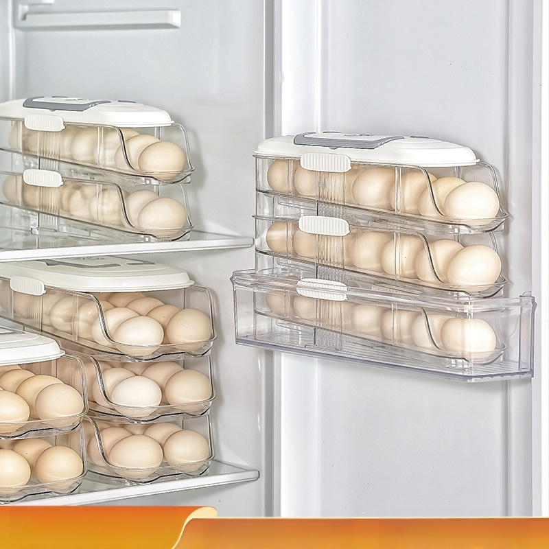 Държач за яйца за хладилник с въртящ се механизъм, многослоен, автоматичен, пластмасов, за страничната врата