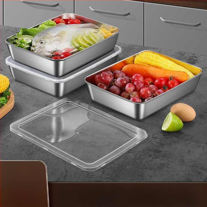 Τετράγωνο δοχείο φαγητού από ανοξείδωτο ατσάλι με καπάκι για αποθήκευση στην κουζίνα, χωρητικότητα 0.3–3 L