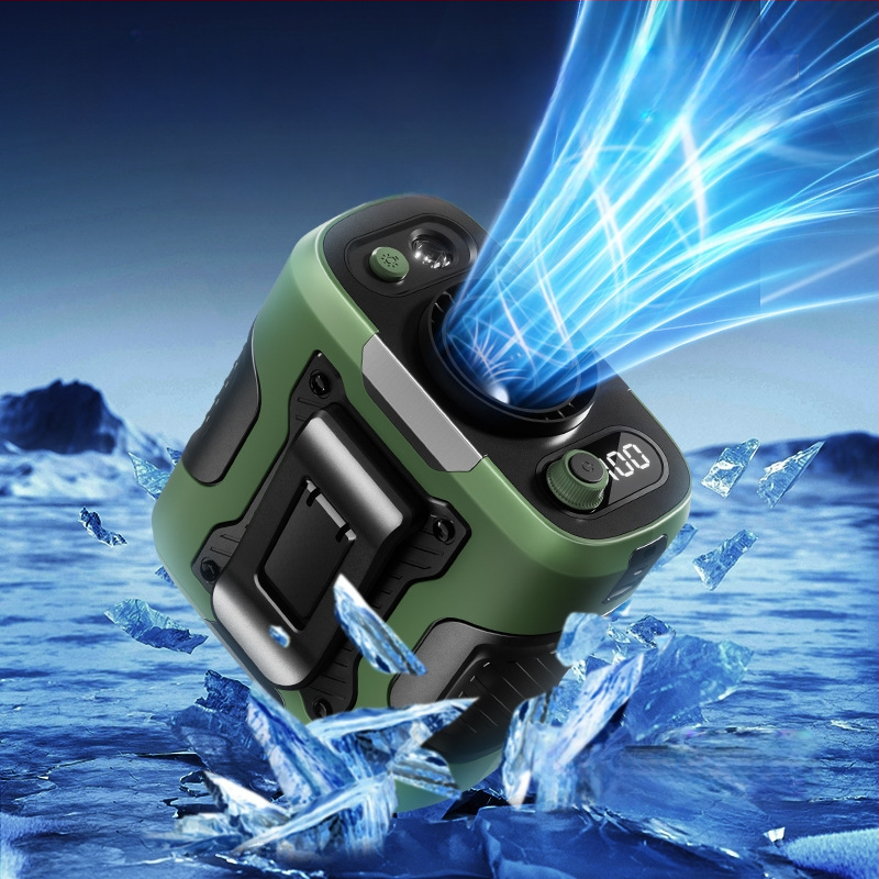 Juosmens USB ventiliatorius su įmontuota 4000–6000mAh baterija, 5 mentelės, brushless variklis, begalinis greičio reguliavimas, triukšmas 36–45 dB