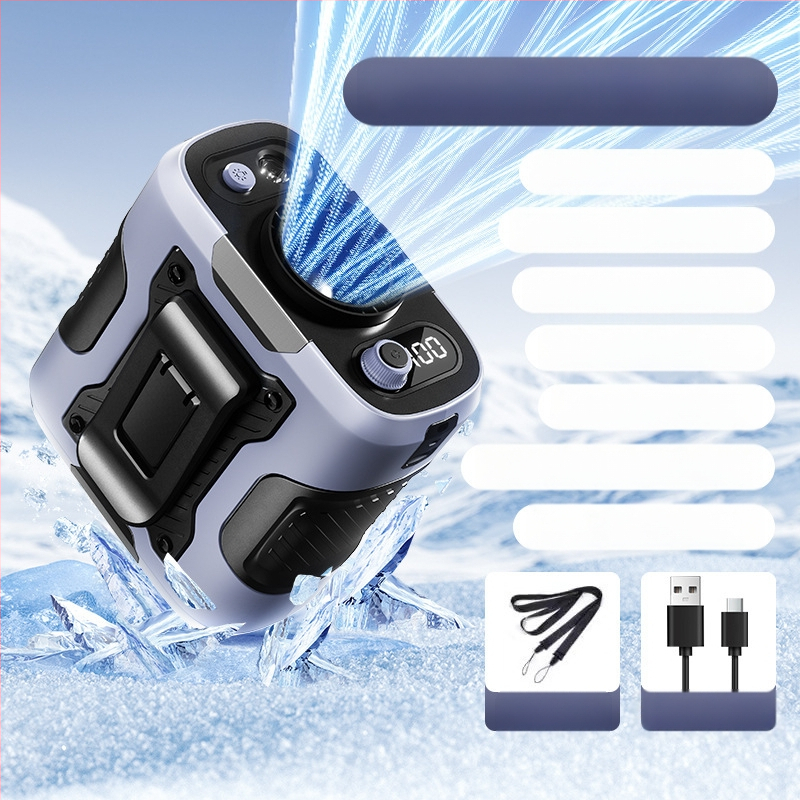 Juosmens USB ventiliatorius su įmontuota 4000–6000mAh baterija, 5 mentelės, brushless variklis, begalinis greičio reguliavimas, triukšmas 36–45 dB