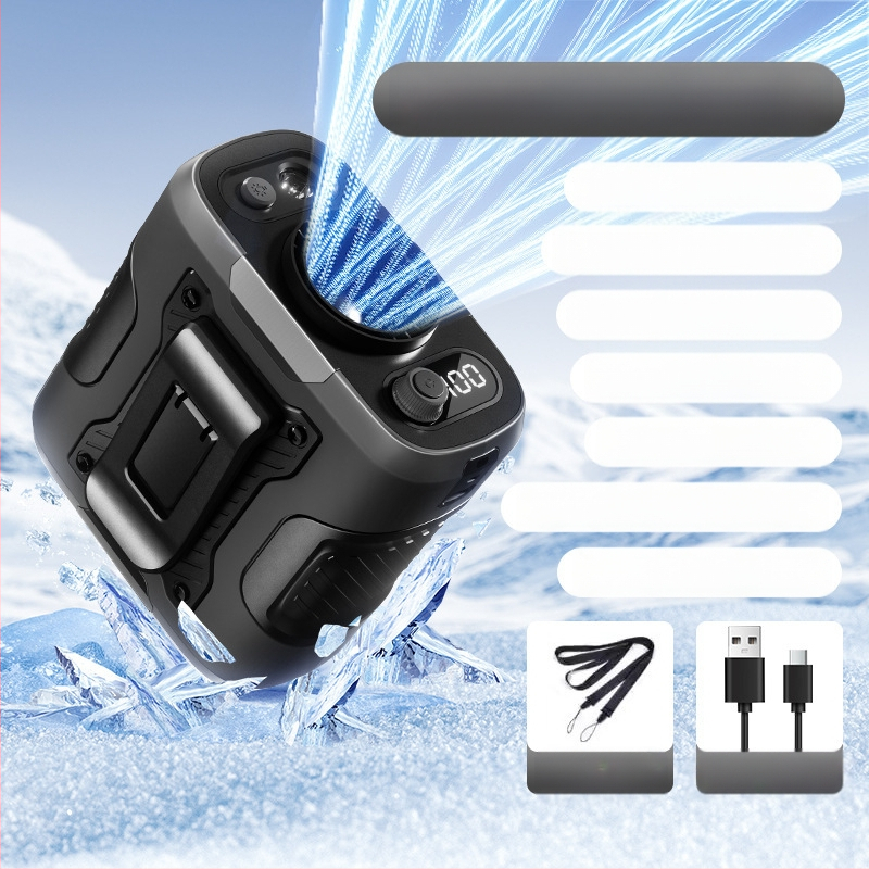 Juosmens USB ventiliatorius su įmontuota 4000–6000mAh baterija, 5 mentelės, brushless variklis, begalinis greičio reguliavimas, triukšmas 36–45 dB