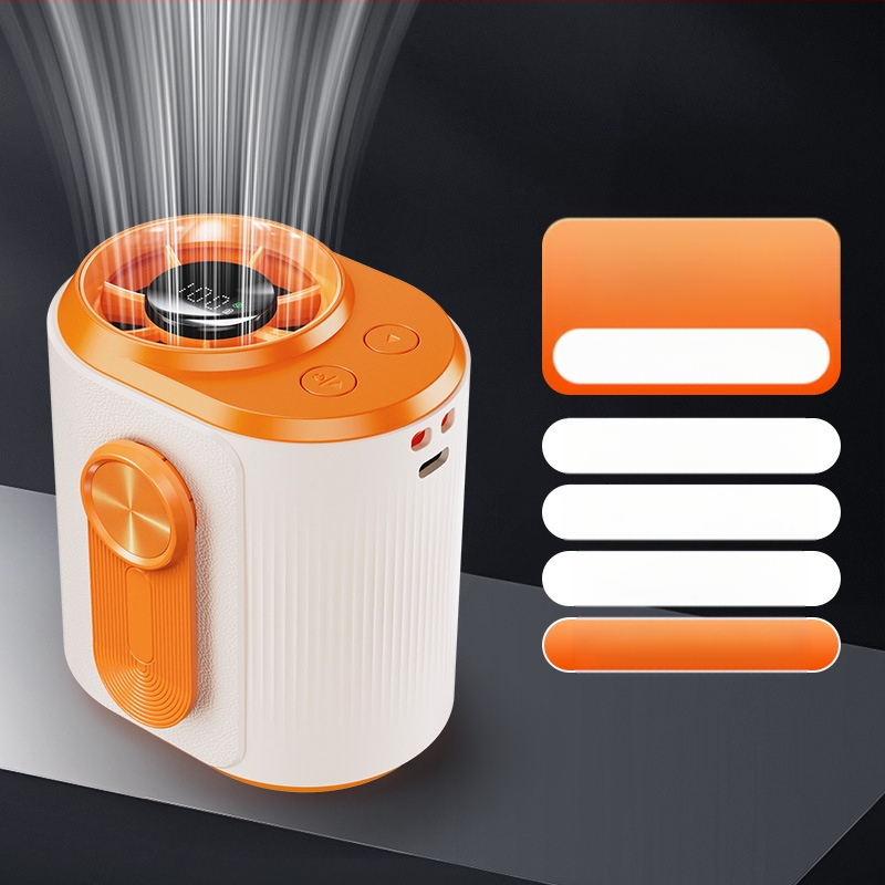 Juosmens USB ventiliatorius su įmontuota 4000–6000mAh baterija, 5 mentelės, brushless variklis, begalinis greičio reguliavimas, triukšmas 36–45 dB