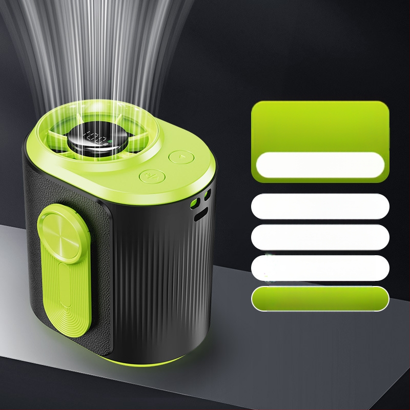 Juosmens USB ventiliatorius su įmontuota 4000–6000mAh baterija, 5 mentelės, brushless variklis, begalinis greičio reguliavimas, triukšmas 36–45 dB