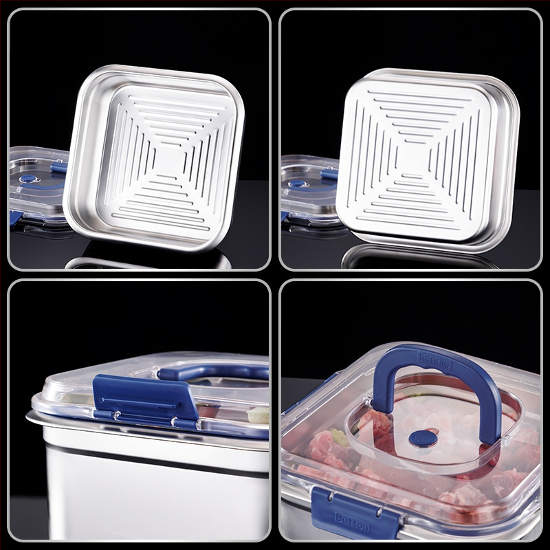 Cutie din oțel inoxidabil pentru conservare, formă pătrată, capacitate 2,1–3 L, menține prospețimea, compatibil cu microunde