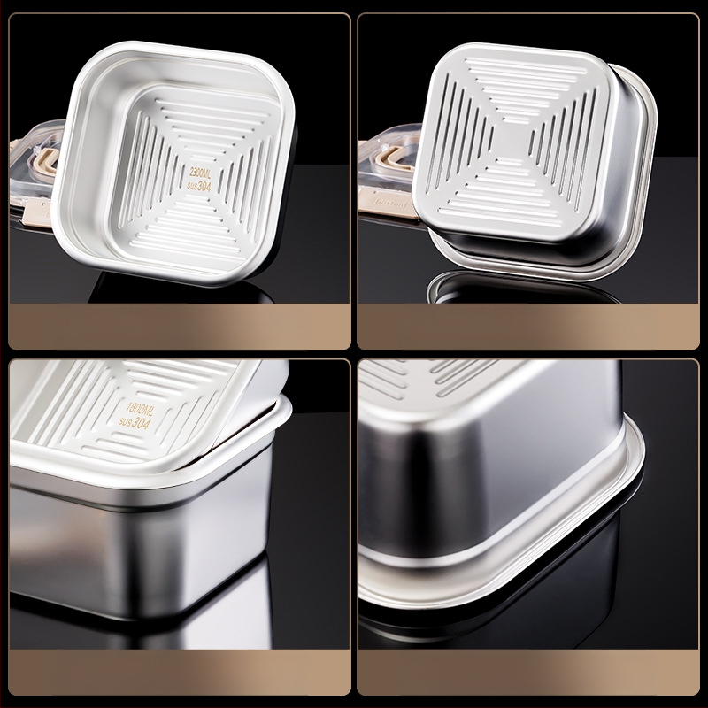 Cutie din oțel inoxidabil pentru conservare, formă pătrată, capacitate 2,1–3 L, menține prospețimea, compatibil cu microunde