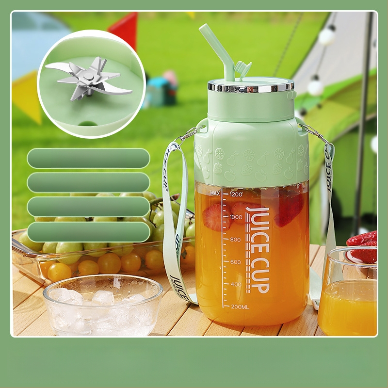 Nešiojamas sulčių spaudyklės puodelis, talpa 401–600 ml, galia 150 W, greitis 15001–18000 rpm, daugiau nei penki peiliai, įmontuota baterija