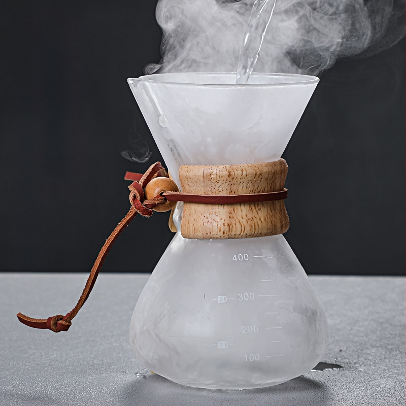 Stiklinė pour-over kavos kanne su filtru, be rankenos, medžio dalis, namų naudojimui