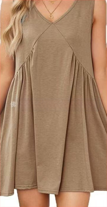 Полиестерна рокля с V-образно деколте, без ръкави, А-линия, дължина миди