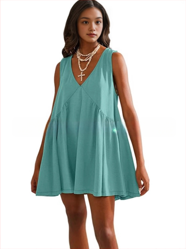 Полиестерна рокля с V-образно деколте, без ръкави, А-линия, дължина миди