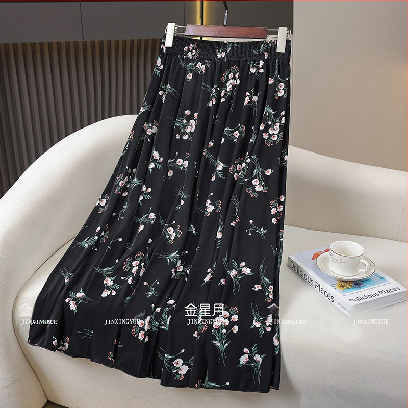 83 cm duga suknja za žene srednje dobi i starije, ljeto, široka zvonolika silueta, elastični pojas, drapirana Ice Silk tkanina, majčin stil, suknja za ples na trgu, elegantna