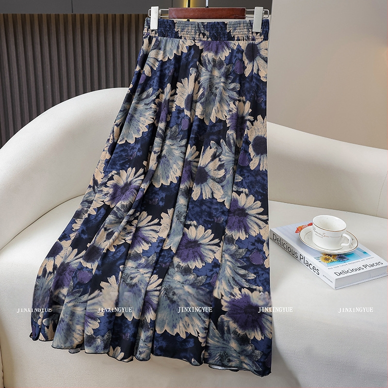 83 cm duga suknja za žene srednje dobi i starije, ljeto, široka zvonolika silueta, elastični pojas, drapirana Ice Silk tkanina, majčin stil, suknja za ples na trgu, elegantna