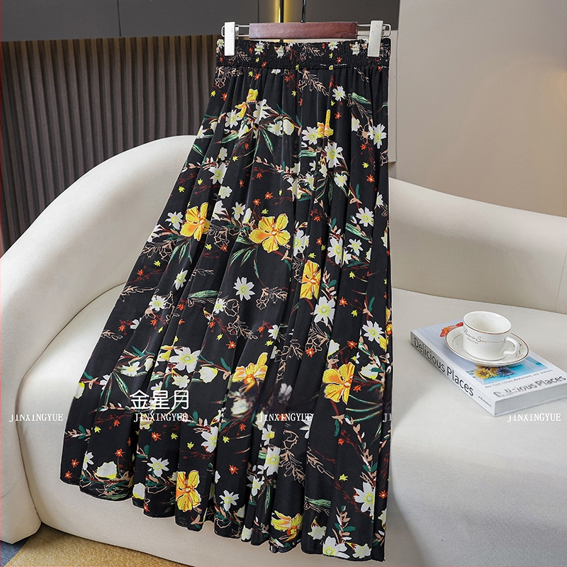 83 cm duga suknja za žene srednje dobi i starije, ljeto, široka zvonolika silueta, elastični pojas, drapirana Ice Silk tkanina, majčin stil, suknja za ples na trgu, elegantna