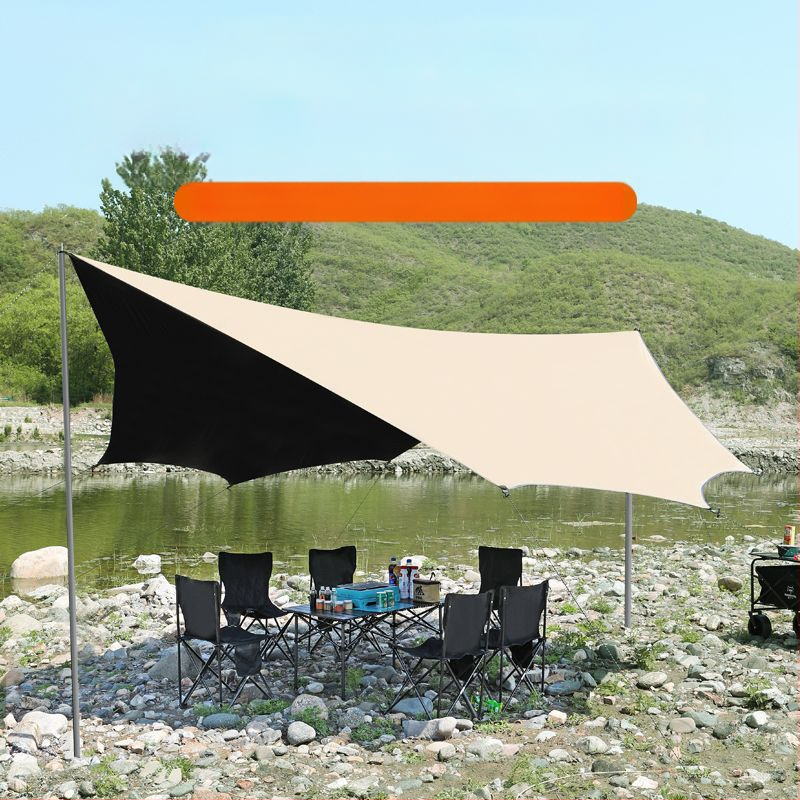 Vinilinė pavėsinė palapinė su stalu ir kėdėmis – kemptingo komplektas iš šešių dalių, apsauga nuo saulės, vėjo ir lietaus, didelis skėtis; keturi metų laikai, svoris 2900 g, stiebo medžiaga: sustiprintas geležies strypas, išorinė palapinė: titano juoda dan