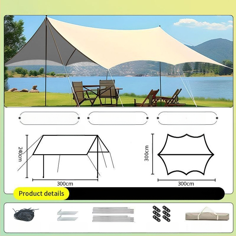 Vinilinė pavėsinė palapinė su stalu ir kėdėmis – kemptingo komplektas iš šešių dalių, apsauga nuo saulės, vėjo ir lietaus, didelis skėtis; keturi metų laikai, svoris 2900 g, stiebo medžiaga: sustiprintas geležies strypas, išorinė palapinė: titano juoda dan