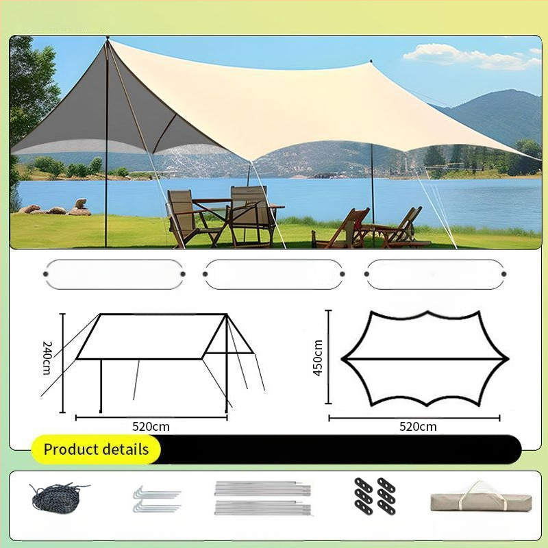 Vinilinė pavėsinė palapinė su stalu ir kėdėmis – kemptingo komplektas iš šešių dalių, apsauga nuo saulės, vėjo ir lietaus, didelis skėtis; keturi metų laikai, svoris 2900 g, stiebo medžiaga: sustiprintas geležies strypas, išorinė palapinė: titano juoda dan
