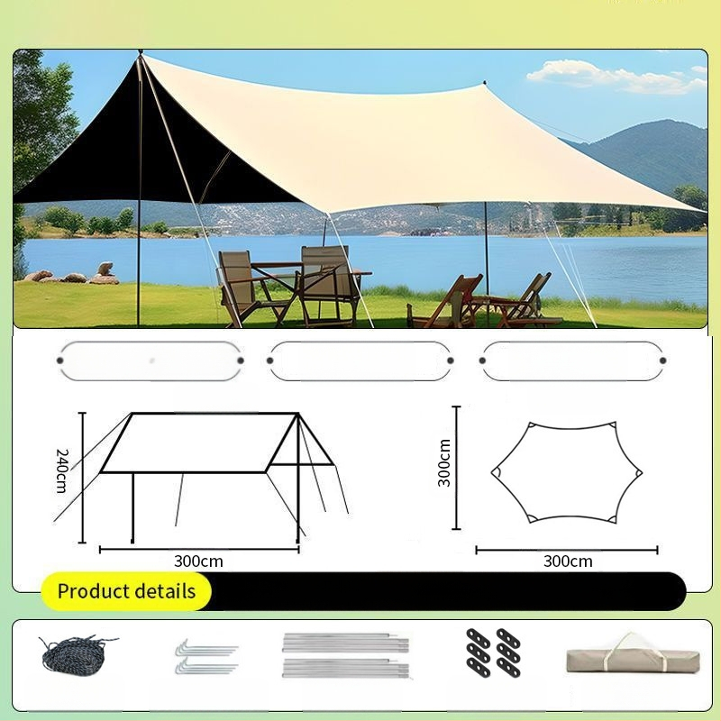 Vinilinė pavėsinė palapinė su stalu ir kėdėmis – kemptingo komplektas iš šešių dalių, apsauga nuo saulės, vėjo ir lietaus, didelis skėtis; keturi metų laikai, svoris 2900 g, stiebo medžiaga: sustiprintas geležies strypas, išorinė palapinė: titano juoda dan