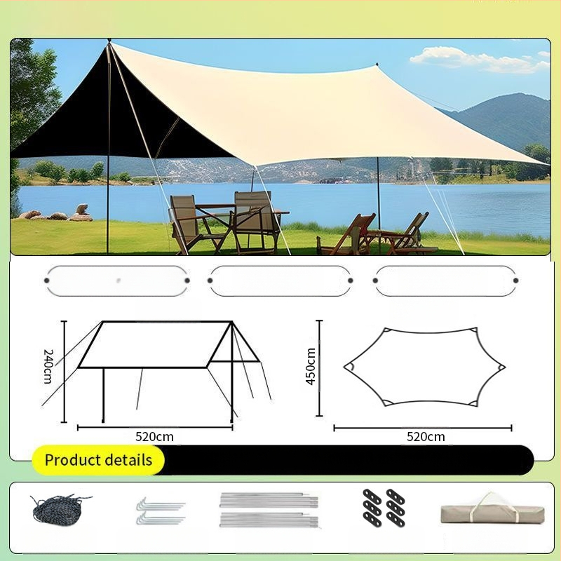 Vinilinė pavėsinė palapinė su stalu ir kėdėmis – kemptingo komplektas iš šešių dalių, apsauga nuo saulės, vėjo ir lietaus, didelis skėtis; keturi metų laikai, svoris 2900 g, stiebo medžiaga: sustiprintas geležies strypas, išorinė palapinė: titano juoda dan