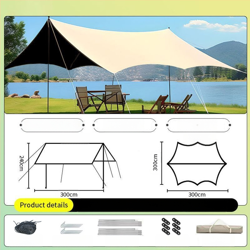 Vinilinė pavėsinė palapinė su stalu ir kėdėmis – kemptingo komplektas iš šešių dalių, apsauga nuo saulės, vėjo ir lietaus, didelis skėtis; keturi metų laikai, svoris 2900 g, stiebo medžiaga: sustiprintas geležies strypas, išorinė palapinė: titano juoda dan
