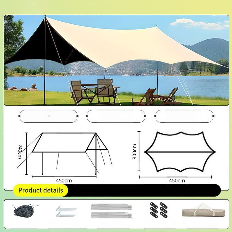 Vinilinė pavėsinė palapinė su stalu ir kėdėmis – kemptingo komplektas iš šešių dalių, apsauga nuo saulės, vėjo ir lietaus, didelis skėtis; keturi metų laikai, svoris 2900 g, stiebo medžiaga: sustiprintas geležies strypas, išorinė palapinė: titano juoda dan