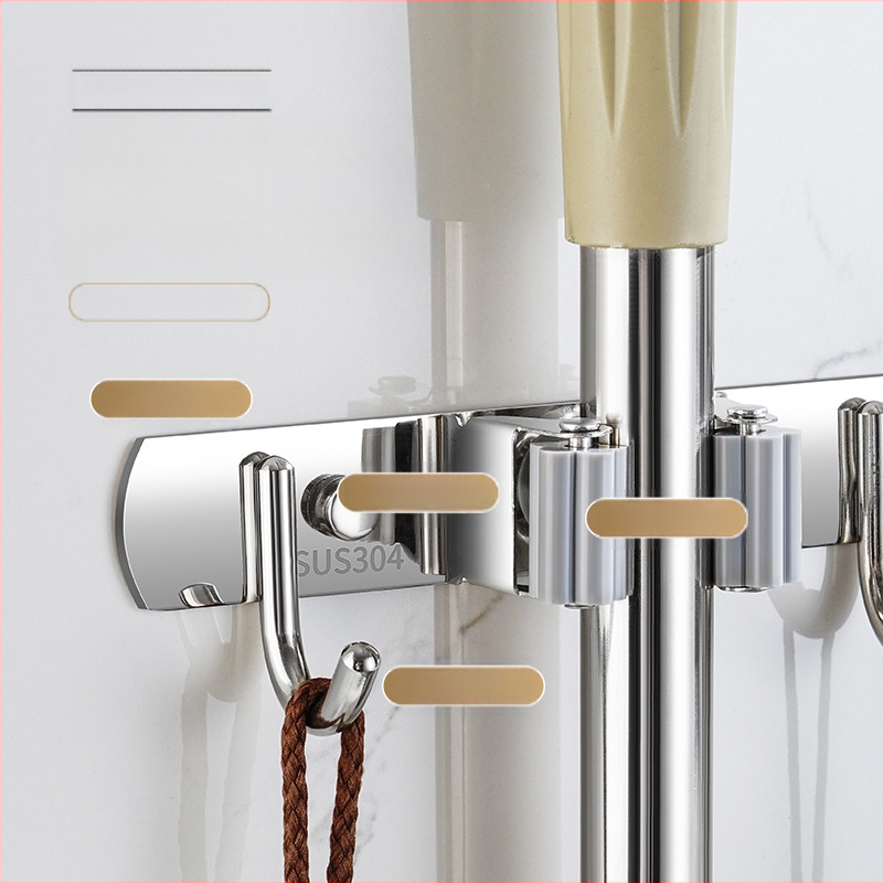 304 неръждаема стомана – държач за моп и мултифункционална закачалка за метла, баня, CE сертифициран полирана повърхност, Yong Qi, 0.5 кг, Сертификат CCI20070040CER