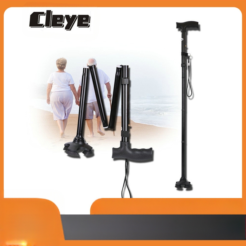 Četru kāju neslīdoša staigāšanas nūja vecāka gadagājuma cilvēkiem, saliekama alumīnija sakausējuma nūja ar četrām sadaļām augstuma regulēšanai, svars 400 g, zīmols CLEYE