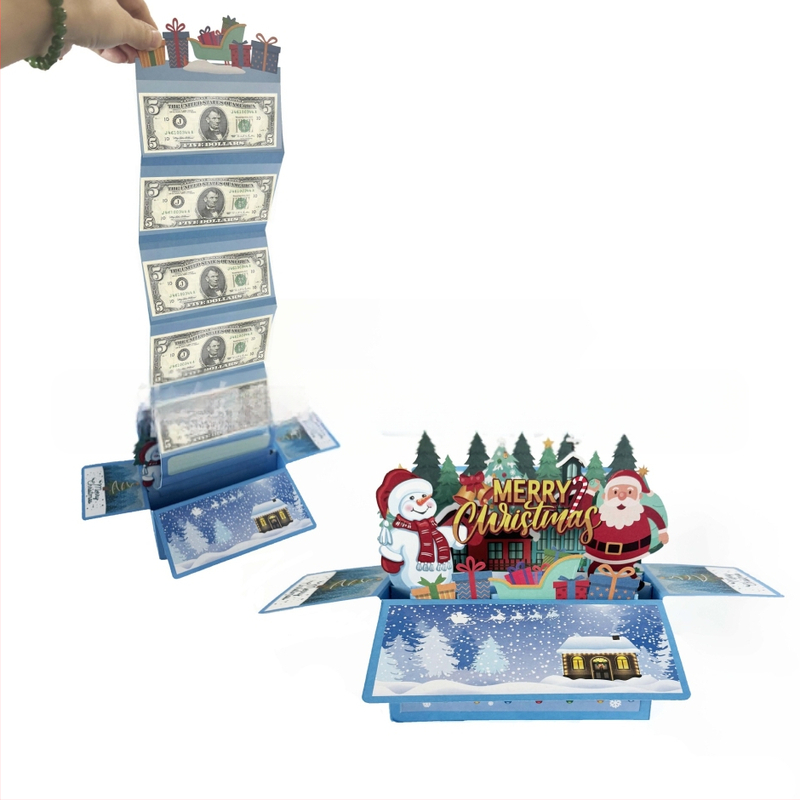Поздравителна картичка със сгъваема 3D кутия за пари, коледна тематика, ръчно рисувана илюстрация