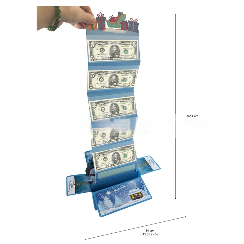 Поздравителна картичка със сгъваема 3D кутия за пари, коледна тематика, ръчно рисувана илюстрация