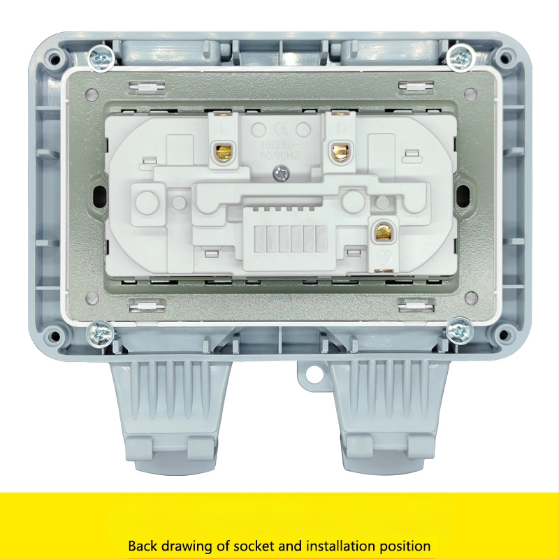 IP66 atspari vandeniui dviguba prancūziška kištukų lizda, 16A, sieninis montavimas, lauko naudojimui, 3 kontaktai, AC250V