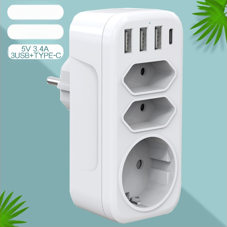 TOURPLUG barošanas adapters 1 uz 3 ar 3 USB portiem un Type-C ātrās uzlādes atbalstu, 110–250 V, 10 A