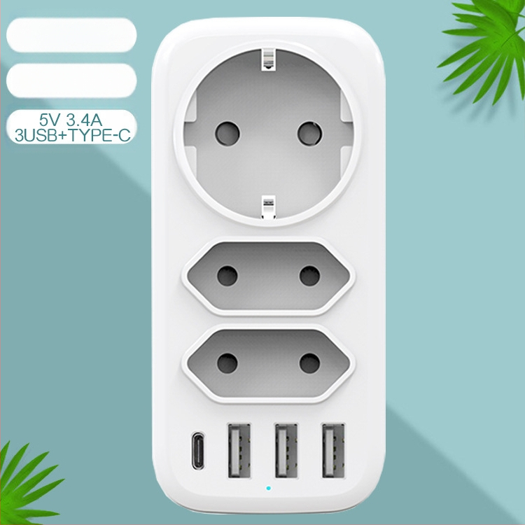 TOURPLUG barošanas adapters 1 uz 3 ar 3 USB portiem un Type-C ātrās uzlādes atbalstu, 110–250 V, 10 A