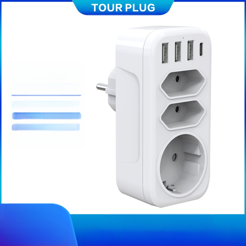 TOURPLUG maitinimo adapteris 1 į 3 su 3 USB jungtimis ir Type-C greitam įkrovimui, 110–250 V, 10 A
