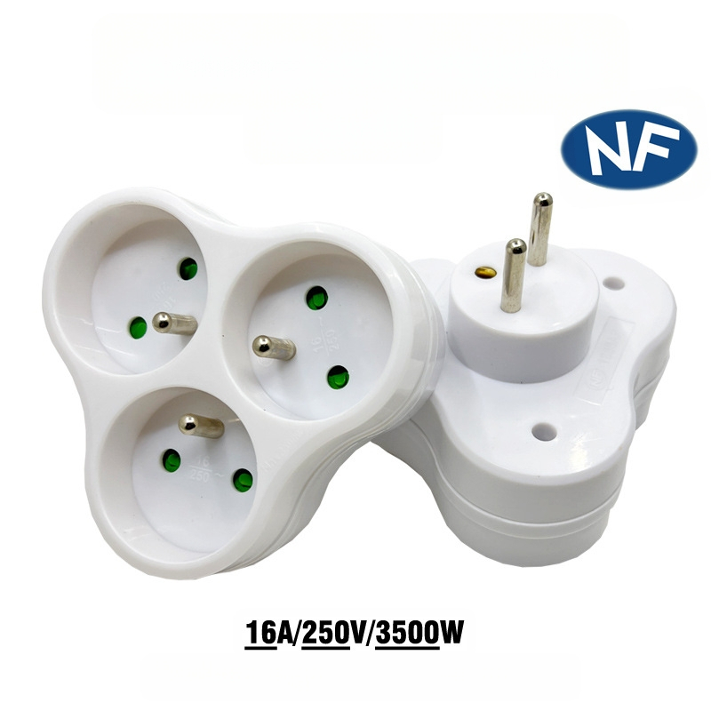 LJ Prancūzijos standarto maitinimo keitiklis, 1 į 3 kištukus, 16A/250V, CE sertifikatas, iki 3,5 kW