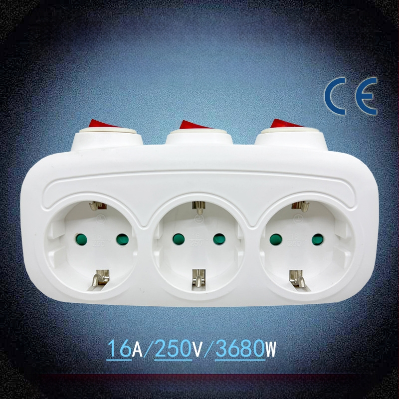 Neatkarīgs slēdzis, 1–3 pagarināšanas kontaktligzdas, 3 kontaktligzdas, Eiropas–Vācijas standarta konversija, CE/ROHS sertifikāts