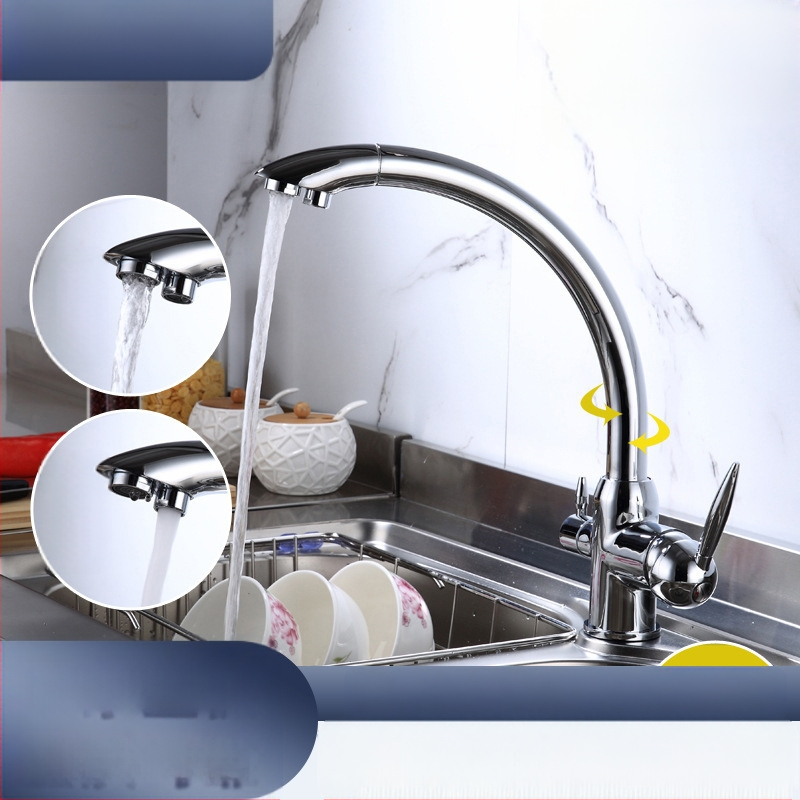 Кухненски въртящ се смесител за мивка с директна питейна вода – медно тяло, керамичен клапан, 0–90°C, модел 662-2, входове M10x1