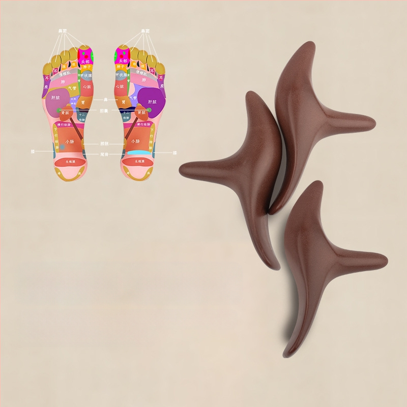 Meridijano masažuoklis su bulių rago forma, rankinė akupunktūros taškų šepetėlis ir pėdų masažas