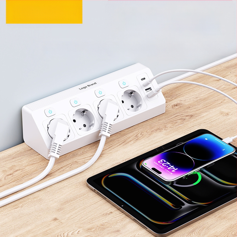 Европейски ъглов контакт с USB зареждане, 4 гнезда, независим превключвател, 16A, 250V